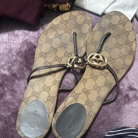 Gucci Shoes - Gucci Beige Brown GG Logo Flip Flop Sandals with Gold Hardware